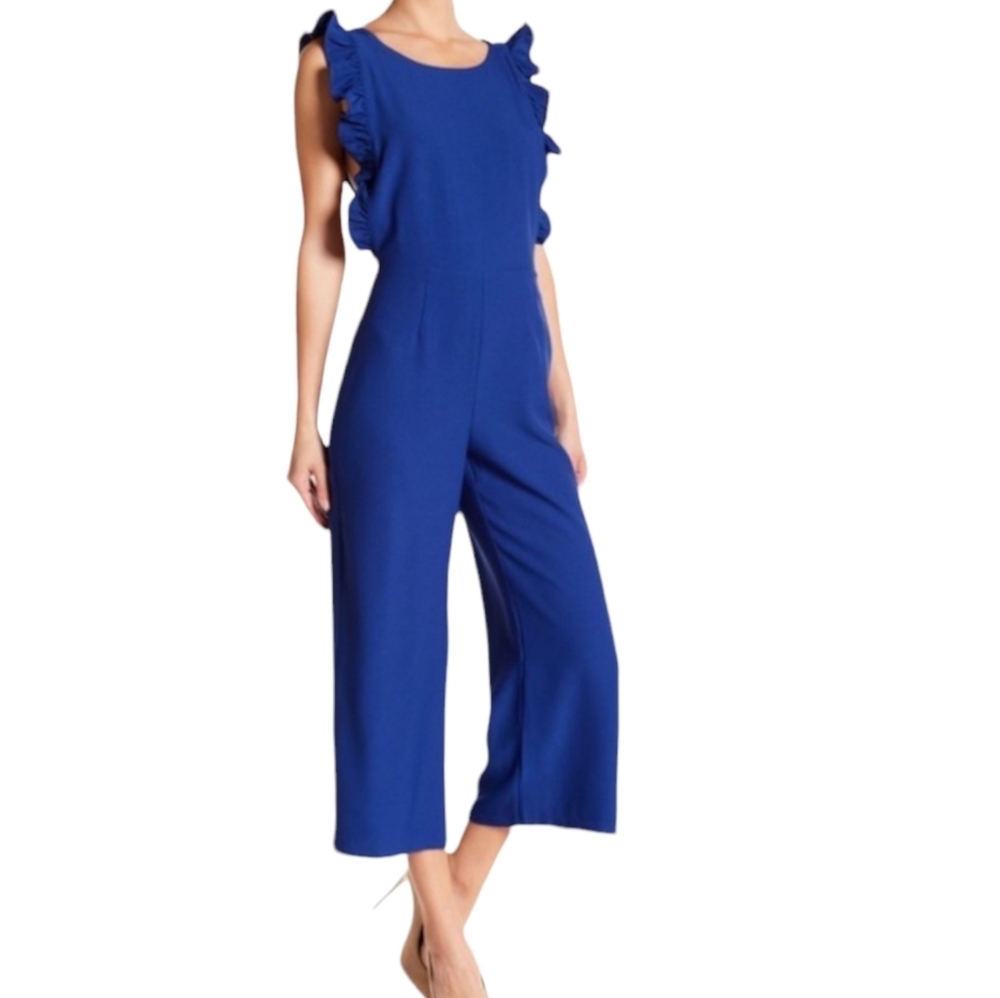 Free Press SZ Small Ruffle Sleeve Wide Leg Crop Pinafore Jumpsuit Blue Womens